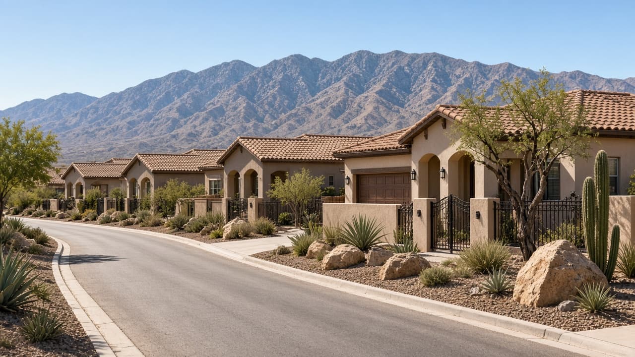 Neighborhood Spotlights — Quiet gated street of tile-roof homes in Silverstone Ranch, Las Vegas